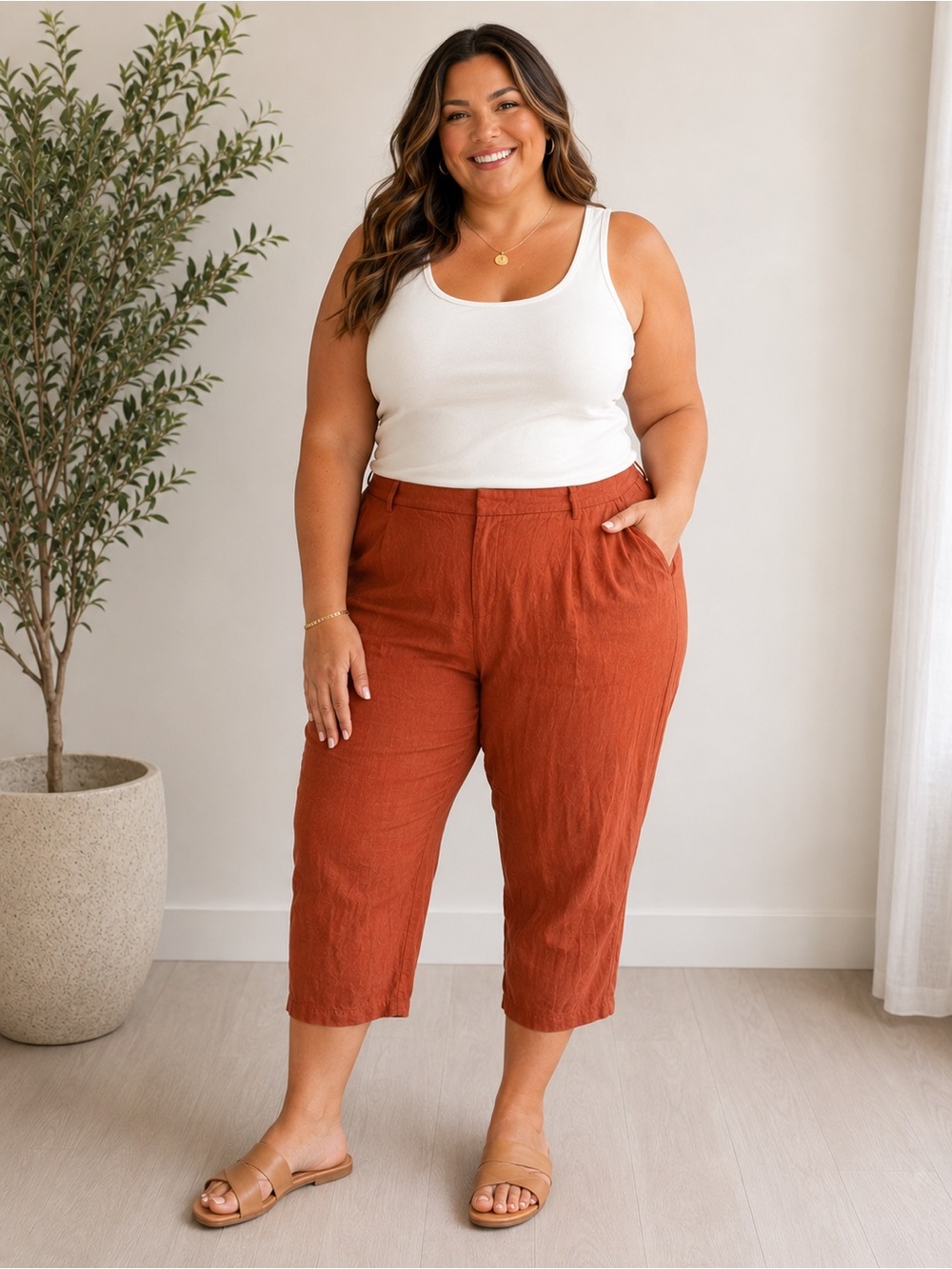 Ava & Viv Rust Linen Blend Cropped Pants | Women’s 2X